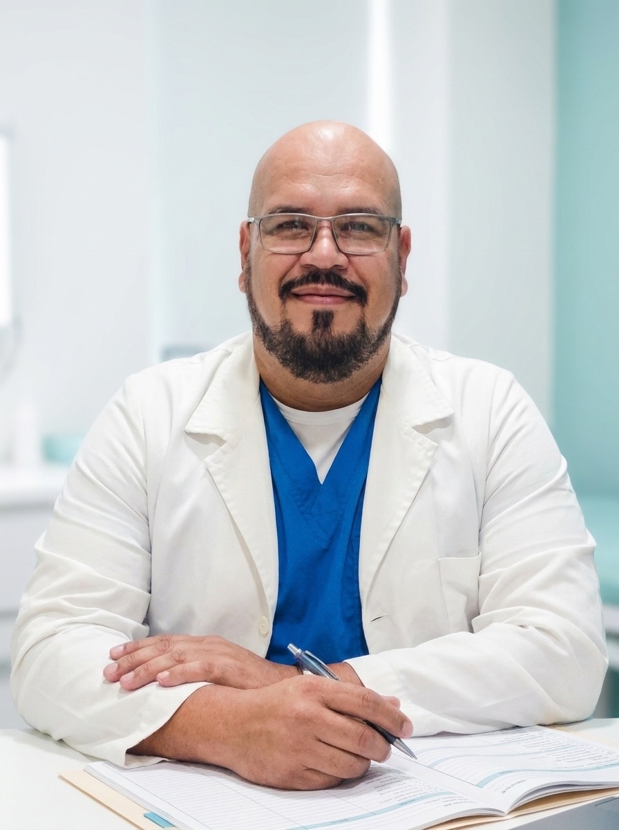 Dr. William Ordaz en su escritorio de consulta de ginecología