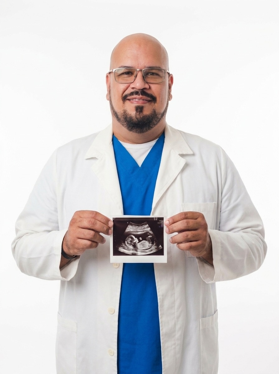 Dr. William Ordaz mostrando una ecografía de un bebé