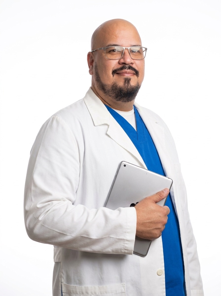 Dr. William Ordaz con una tableta en la mano